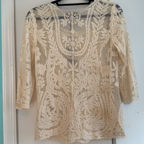 Willi Smith Cream Lace Embroidered 3/4 Sleeve Top XS Ivory Boho Chic Cottagecore - Picture 5 of 5